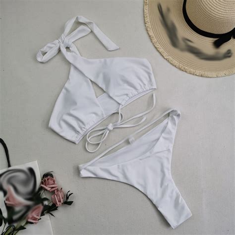 Lilgiuy Women S Solid Bikini Charming Slim One Shoulder Splice Swimsuit Set Surfing Beach Swim