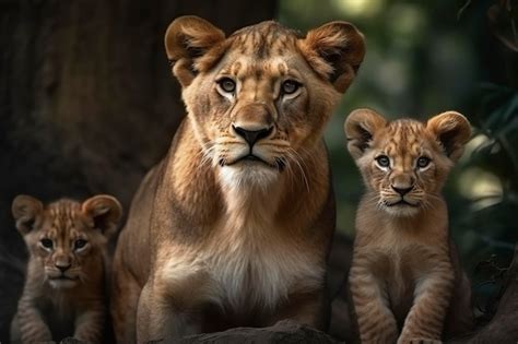 Premium Photo Lioness With Lion Cubs Generative Aix