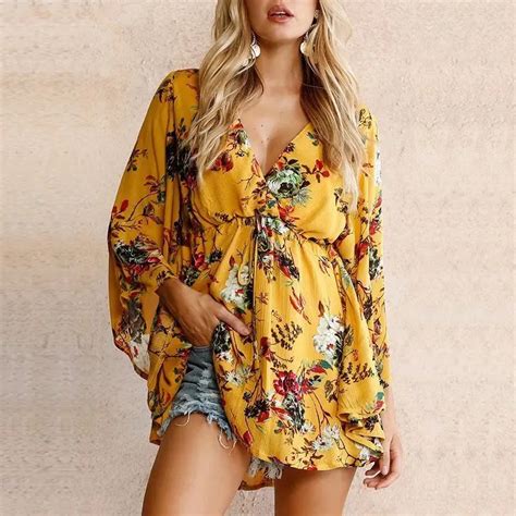 Boho Floral Print Batwing Sleeve Beach Dress 2018 Summer Casual V Neck