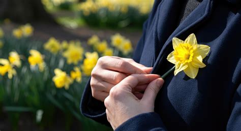 person attaching yellow daffodil flower  dark coat  garden
