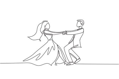 Single One Line Drawing Happy Cute Married Man And Woman Dancing On The