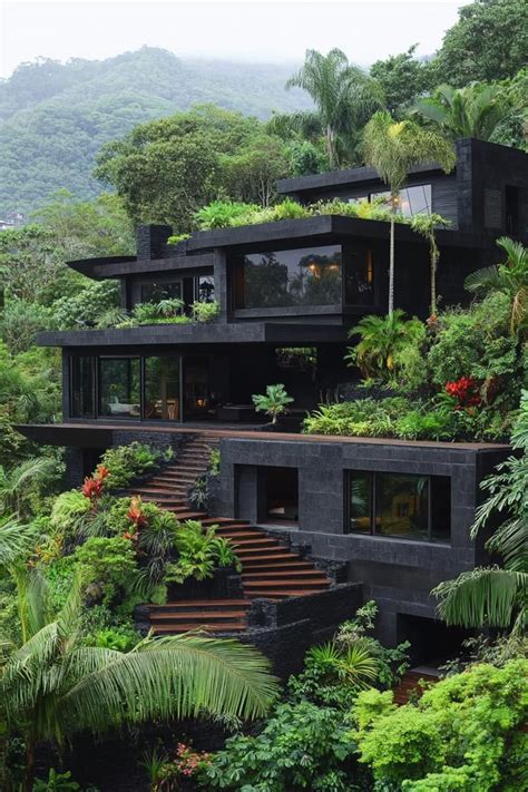 Modern Dark Concrete Multi Level House On A Hillside In A Lush