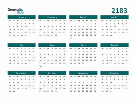 2183 Yearly Calendar Templates with Monday Start