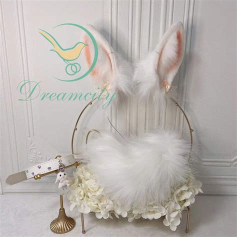 White Rabbit Ears And Bunny Tail And Collar Cosplay Ass Plug Beast Ears Handmade Cute Cat Ears