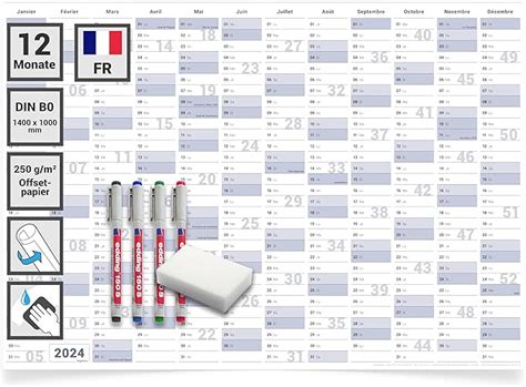 Gigatime Din B0 2x Calendrier Mural Organiseur Annuel 2024 Format 140