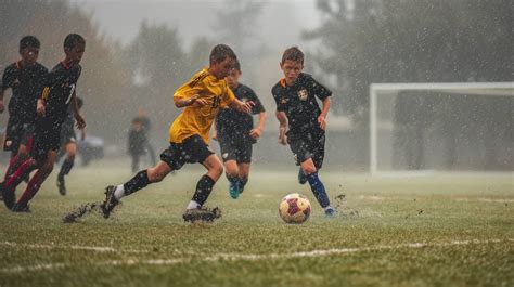 youth soccer game in rain, kids playing football wet weather, soccer ...