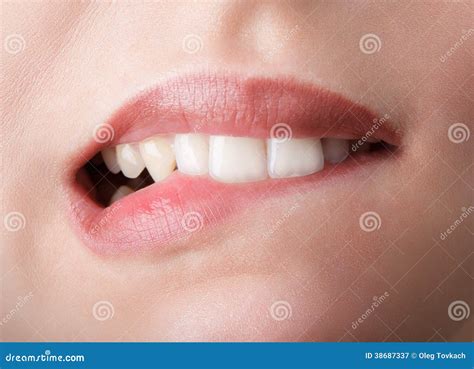 Biting her red lips teeth stock image. Image of hygiene - 38687337