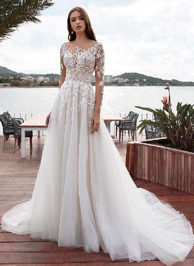 Long Sleeves Ball Gown Lace Wedding Dresses With Romantic Tulle Missacc