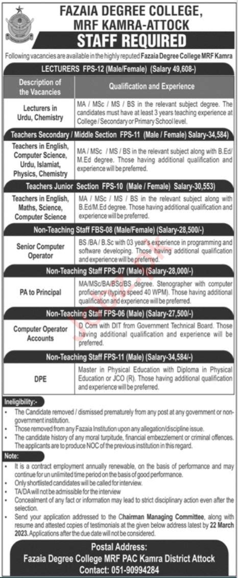 Fazaia Degree College Kamra Attock Jobs 2023 2024 Job Advertisement