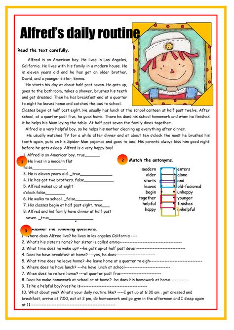 Alfred's daily routine worksheet - Read the text carefully. True or ...
