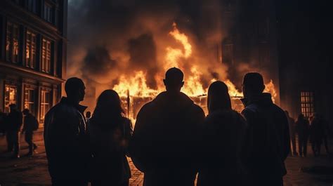 Grupo De Personas Mirando Un Edificio En Llamas Gran Casa En Llamas