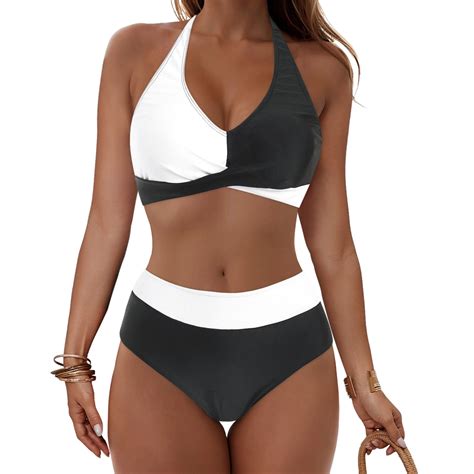 Osfvnoxv Womens Bikini Sets Piece Halter Swimsuit Twist Cross Ruched Color Blocked Deep V Neck