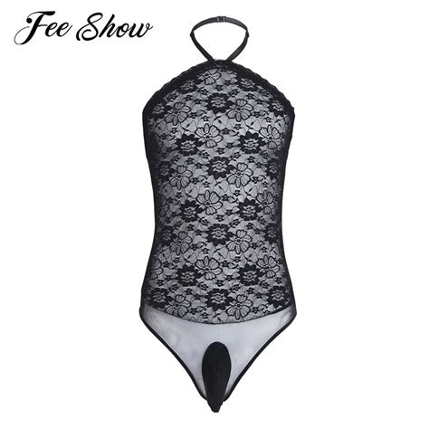 Black Men Lingerie One Piece Halter Sheer Floral Lace Bodysuit Jumpsuit Strapless See Through
