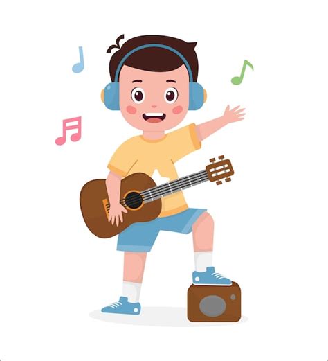 Lindo niño pequeño toca la guitarra canta una canción ilustración