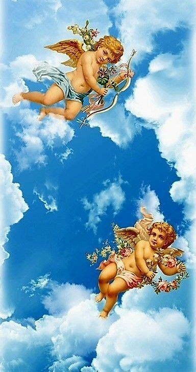 Two Cherubs Flying In The Sky With Flowers On Their Heads And One