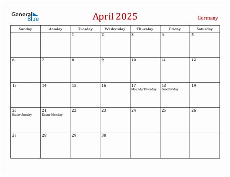 April 2025 Monthly Calendar with Germany Holidays