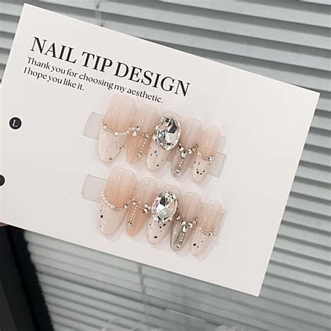 French Nude White Ombre Handmade Nails Pearls Diamond Chain Long Oval