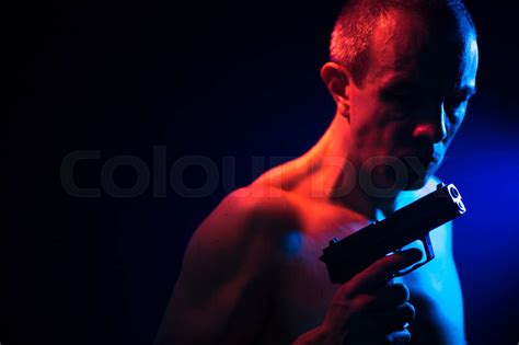 Man With Pistol Gun Naked Stock Image Colourbox