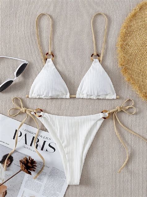 Sexy Bikini Set Cute White Plain Ring Linked Spaghetti Strap Triangle Thong Bikini