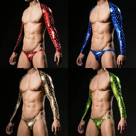 Sexy Mens Shiny Wetlook Long Sleeve Leather Bodysuit Vest Lingerie Gay Male Tank Tops Underwear