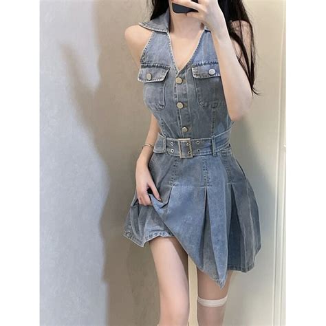 Denim Sling Dress Female Retro Hot Girl Waist Slimmer Classy Mini Sexy A Line Skirt Women