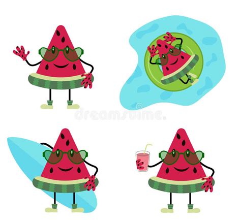 Set Of Characters Of Watermelon Slices With A Funny Face Vector