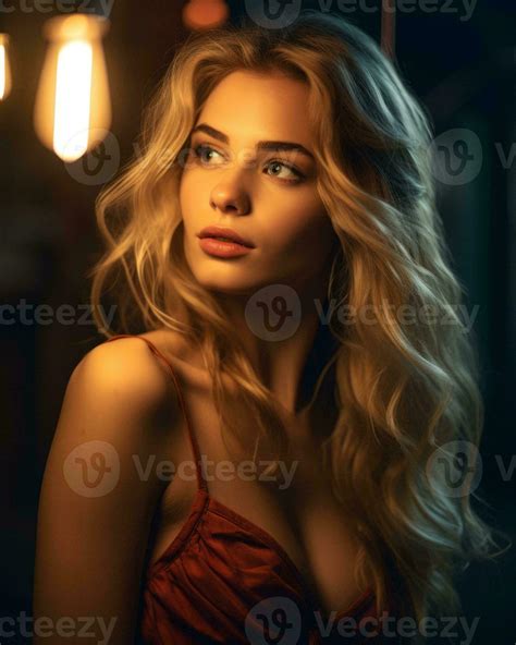 Beautiful Blonde Woman In Red Dress Posing In The Dark Generative AI 27806829 Stock Photo At