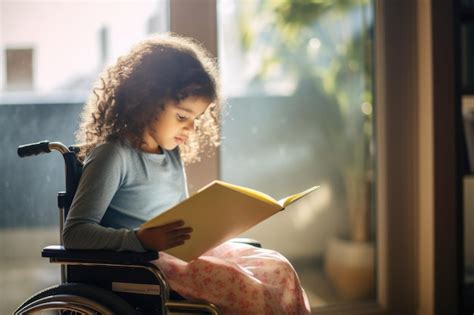 Uma Bela Menina Deficiente Em Cadeira De Rodas Lendo Um Livro Foto