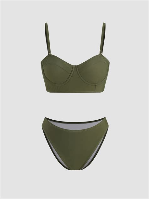 V Neck Solid Underwire Bikini Set Cider