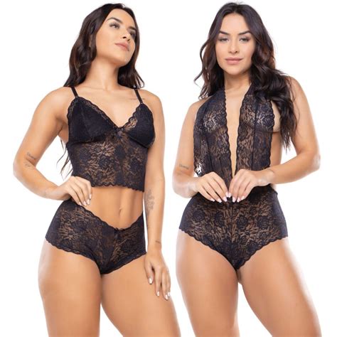 Kit Sexy Conjunto e Body de Renda Lingerie Moda Íntima Top Calcinha Caleçon Calesson Espera