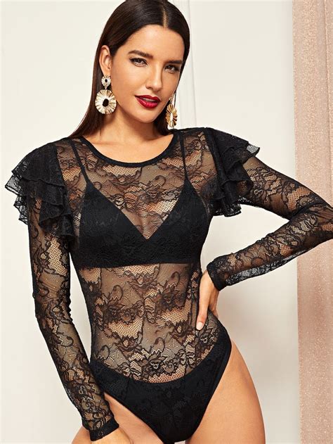 SHEIN Ruffle Trim Sheer Lace Bodysuit Without Bra Lace Bodysuit