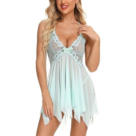 Ensemble de Lingerie Sexy en Dentelle pour Femmes Nuisette asymétrique Transparente vert