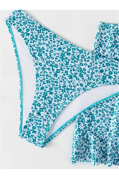 Behills Çiçek Desenli Halter Parça Fırfırlı Etekli Bikini Mayo Takım Bağcıklı Sırt Dekolteli
