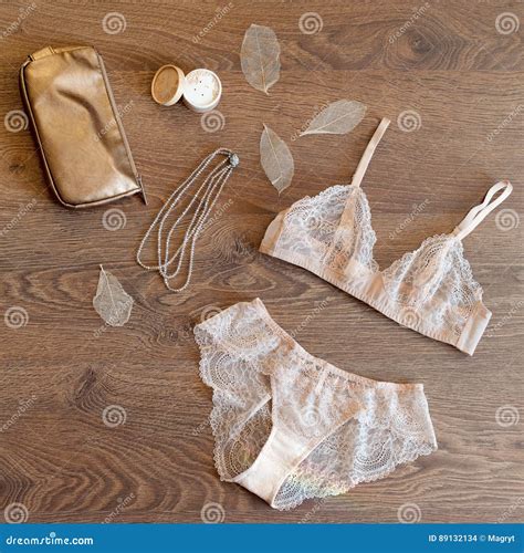 Shopping And Fashion Concept Set Of Glamorous Stylish Lace Lingerie With Cosmetic Products