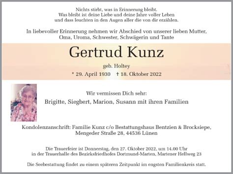 Traueranzeigen Von Gertrud Kunz Sich Erinnern De