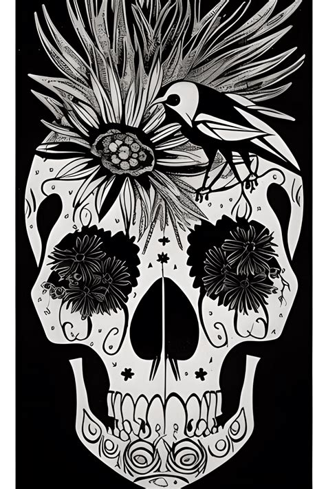 Flower Skulls With Crows And Diamonds · Creative Fabrica