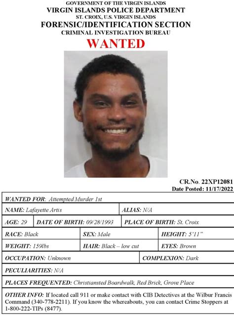 Help Police Find Attempted Murder Suspect Lafayette Artis On St Croix