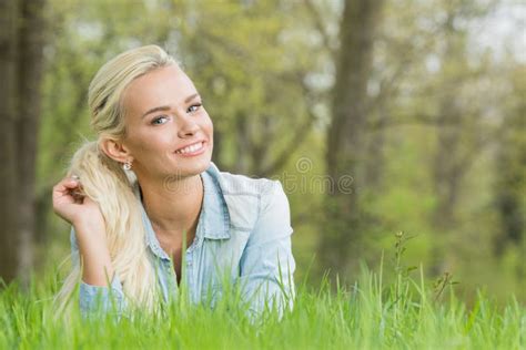 Blonde Woman Laying Grass Stock Image Image Of Laying 269736339
