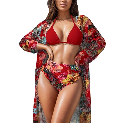 Sngxgn Women Swimsuit Bikini Set High Waisted Halter Tummy Control Print Bathing Suit Red S