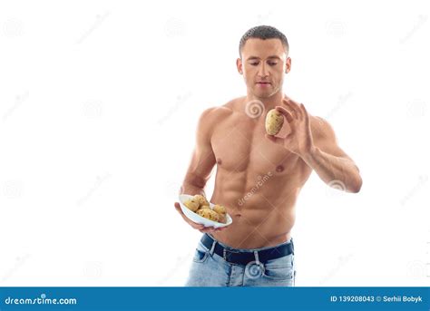 Fitness Instructor With Naked Torso Looking At Potato Stock Image Image Of Instructor Naked
