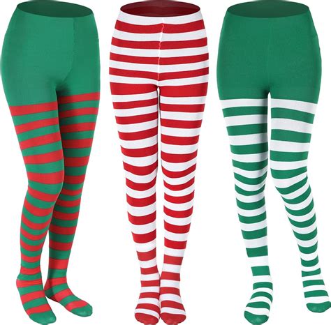 Christmas Striped Tights 3 Pairs Full Footed Stripy Tights Red Green