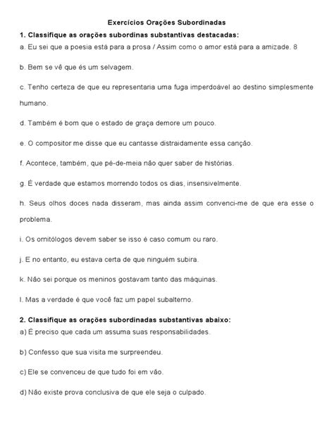 Exercícios Orações Subordinadas Substantivas | PDF