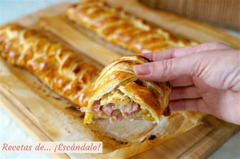 Trenza de hojaldre rellena de jamón queso y puerros Recetas de