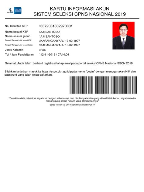 Contoh Kartu Akun Cpns Pdf