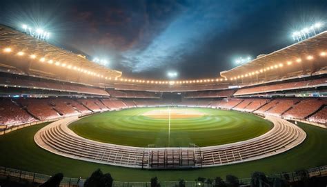 Premium Photo | Round Stadium of cricket night with the lights on at ...