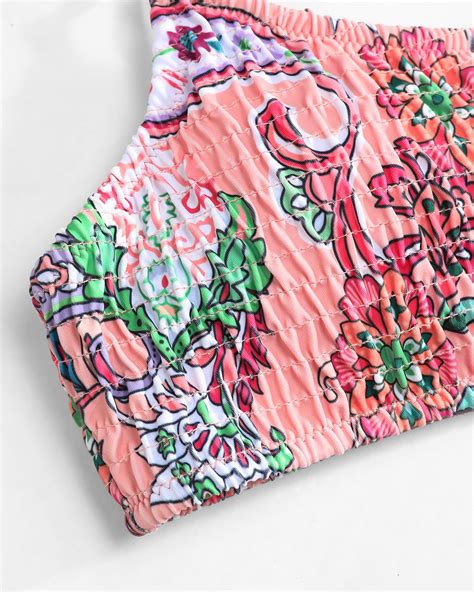 Volafa Women S Triangle Bikini Set Smocked Textured Scoop Frilled Print Ruched Elastic Swimsuit