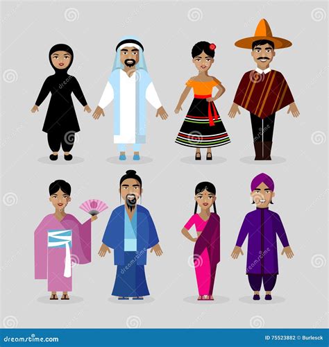 People in Traditional Costumes. Mexico, Japan, India, Middle East Stock ...