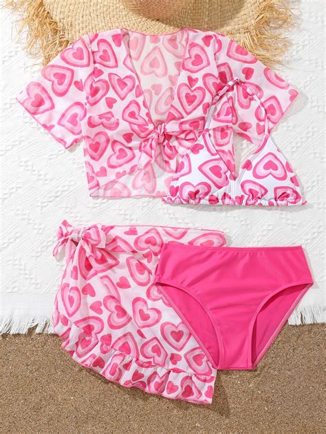 Conjunto De Bikini Cruzado Envolvente Con Estampado De Corazón Para Niñas Preadolescentes Con