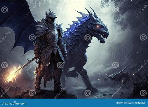 Fantasy Scene with Armored Walking Knight and Flying Dragon Stock ...