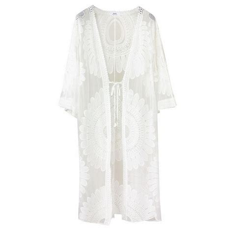 Skymirror Women Bikini Cover Up See Through Lace Thin Flower Embroidery Half Sleeves Knee Length